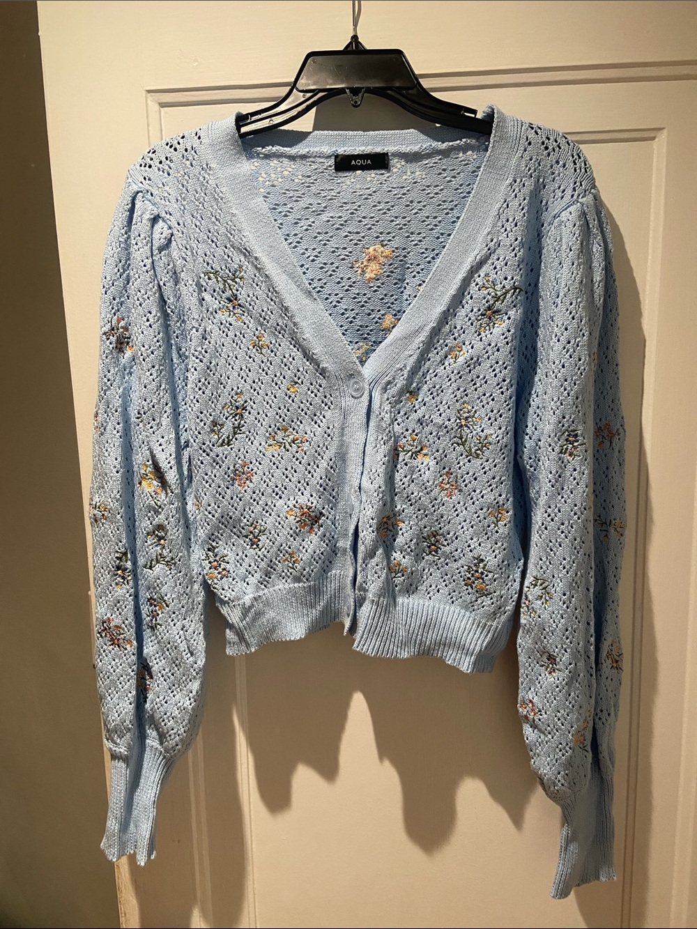 Aqua Baby Blue Openwork Floral Button-Front Cardigan